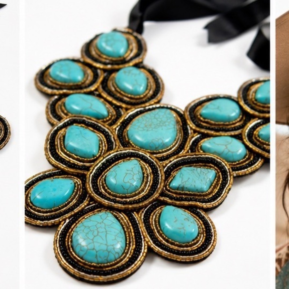 Turquoise-Hued Cabochons Southwestern Bib Necklace Handmade Ribbon Tie Back - Picture 3 of 9